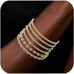 Gold Beaded Bracelets for Women Stack Beads Bracelet Sets Trendy Cross Pearl Jewelry Set 6 PCS Stackable Two Tone Non Tranish Strech Jewelry Gift for Birthday,Baptism