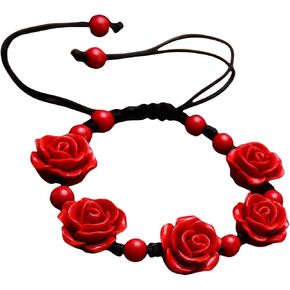 Red Rose Flower Bracelets for Women Vintage Flower Braided Adjustable Handmade Beaded Charm Strand Bracelet Fashion Clothing Accessories Holiday Party Birthday Wedding Mother's Day Christmas Jewelry