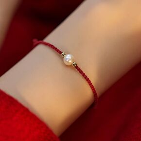 Mnyixsi Fashion Simple Red Lucky Braided Strand Bracelet for Women Gold Handmade Dainty Beads Pearl Adjustable Link Rope Bracelets Good Prospects Blessing Sign for Women Jewelry Gift Red