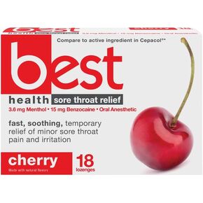 GeriCare Best Health Sore Throat Relief Lozenges, Benzocaine 15 mg & Menthol 3.6 mg, Oral Numbing and Cooling Formula for Sore Throat, Cough & Pain Relief, 18 Count (Pack of 1)