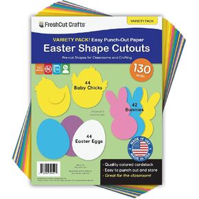130 Pieces Eggs, Baby Chicks & Bunny Punch Out Paper Cutouts for Easter Decorations, 2-Sided US Made Card Stock cutouts for Easter Crafts, Spring Party, Bulletin Boards, Classroom Decor