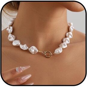 Chunky Pearl Necklace for Women Baroque Pearl Choker Necklace White Freshwater Pearl Necklace Dainty Irregular Large Pearl Necklace Thick Pearl Beaded Chain Necklace