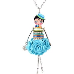 BONSNY Paris Handmade Doll Necklace Dress Pendant Alloy Metal Crystal Flower Shell Long Chain Jewelry Charms