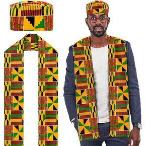 2 Pcs African Hats Kente Stole Sets African Kente Cloth Kufi Hats for Men Sash Kwanzaa Graduation Stole Black History Scarf