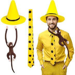 FOCUSOUL Man in Yellow Hat Costume Accessories Pointy Hat Polka Dot Tie Stuffed Monkey Halloween Cosplay Set