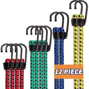 Small Bungee Cords with Hooks 12PC, Includes 12",24",32",40" Premium Elastic Bungee Cords Heavy Duty Outdoor Bungie Straps for Camping,Tent,Luggage Rack,Kayak,Various Cargoes