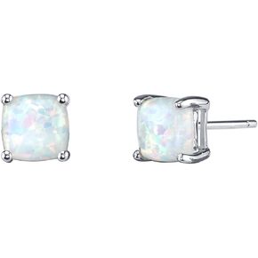 Peora 14K White Gold Created White Fire Opal Stud Earrings for Women, Cushion Cut 6mm, 1 Carat total, Friction Back, October Birthstone Earrings, Dainty, Iridescent Earrings
