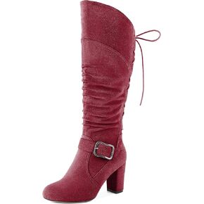Zamikoo Womens Slouchy Knee High Boots Round Toe Chunky Block Heel Knee Booties Side Zipper Metal Buckle Slouch Dress Boots 3.5 Inch