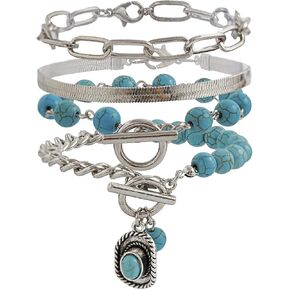 Rrdaily Boho Layered Turquoise Beads Bracelets Set for Women Stackable Paperclip Herringbone Chain Bangles Trendy Charm Beaded Bracelets Jewelry Gifts
