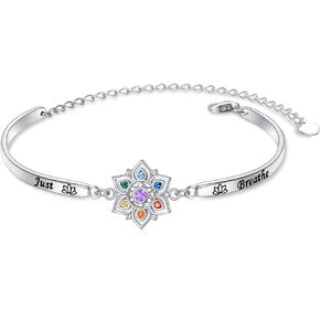7 Chakra Bracelet 925 Sterling Silver Just Breathe Lotus Flower Rainbow Stones Yoga Chakra Energy Balance Bangle Bracelet Jewelry for Women Spiritual Healing