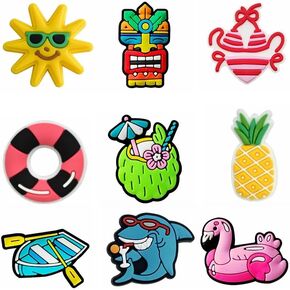 Summer Beach Themed Shoe Charms, 9-Piece Decorative Set with Flamingo, Pineapple, Tiki, Sun, Coconut Designs Shoe Accessories Decorations for Slipper Party Birthday Party Gifts