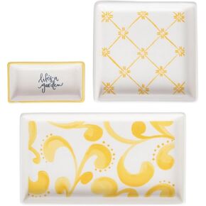 Transpac Decorative 8 x 2.5 Inch Ceramic Jewelry Small Items Keeper Trinket Tray Dish Yellow and White Life's A Garden