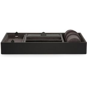 WOLF Blake Valet Tray, Black/Grey - Includes Five Compartments, Watch Cuff, and Removable Tray - Leather Exterior + Ultra-Suede Lining