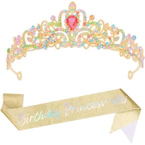 AOPRIE Birthday Princess Sash for Women Birthday Tiara & Crowns Headbands for Girls Happy Birthday Accessories Favor Supllies Gold, 2 Pack