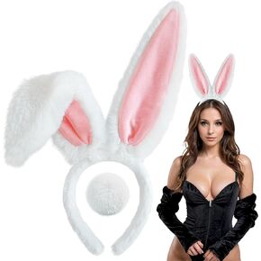 D-Fokes Easter Bunny Ears Headband and Bunny Tail, Bendable White Bunny Ears, Furry Rabbit Ears Headband for Halloween Easter Party Cosplay Bunny Costume Accessories