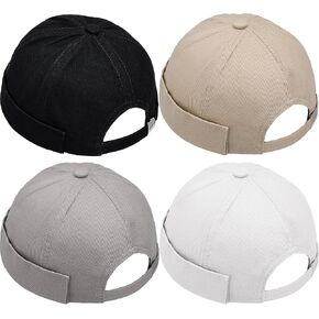 4 Pcs No Brim Hats Docker Cap Black Brimless Hat Sailor Skullcap Dome Skull Caps Rolled Cuff Beanie Hip Hop Hats with Buckle for Men