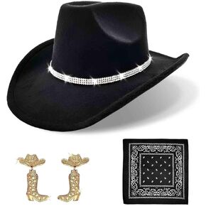 Rhinestone Cowboy Hat and Earring Set with Bandana, Western Cowgirl Boots Earrings and Felt Fedora for Women Men Rodeo Outfit