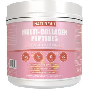 Multi Collagen Peptides Powder 10g - Type I, II, III, V, X Hydrolyzed Collagen Protein Powder with Biotin, Hyaluronic Acid, Vitamin C for Hair, Skin, Nails & Joint Support - Unflavored 1.1 lb