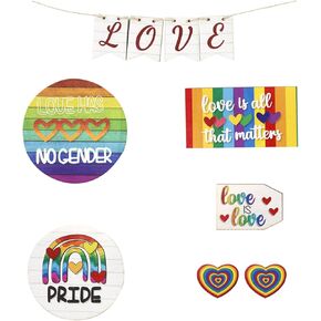 6 Pcs LGBTQ Tiered Tray Decor Set Rainbow Tiered Tray Decor Items LGBT Pride Month Rustic Pride Decorations Gnomes Kitchen Table Centerpieces Wood Farmhouse Signs Home Decor for Shelf Bar LGBTQ Gift