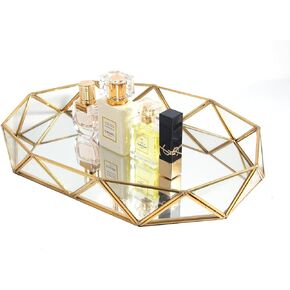 Feyarl Gold Clear Glass Mirror Makeup Vanity Tray Jewelry Organizer Ornate Octagonal Shape Cosmetic Perfume Display Decorative Tray for Home Decor Dresser Tabletop Countertop (13.7 inch)