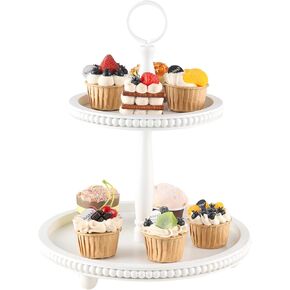 Rustic Wooden Tiered Tray Stand, 2-Tier Decorative Tray with Bead Garland, FODISU Farmhouse Serving Tray, for Coffee Bar Centerpiece, Home Decor, Housewarming Gifts (Brown, Round)
