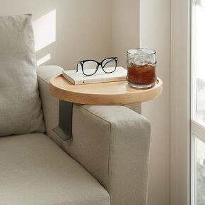 Acacia Wood Couch Arm Table, Adjustable & Removable Couch Arm Tray with Phone Holder, Clip On Armrest Tray for Wide Thin Couch, Wooden Arm Chair Table Tray for TV Dinners/Drinks/Remotes/Snacks