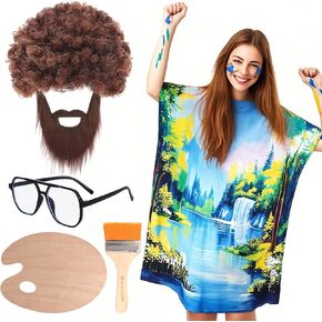 Kyson 80s Painter Landscape Costume Halloween Couple Costume Set Artist Painting Tree Tunic Wig Beard Palette Brush Glasses