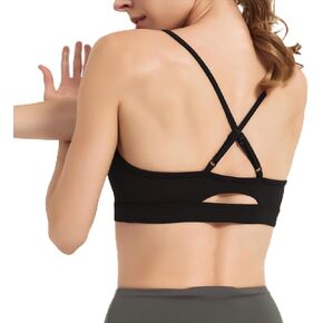 AMRIY Women's Light Support Sports Bra Adjustable Thin Straps Criss Cross Back Open Back Removable Pads Yoga Workout Bra