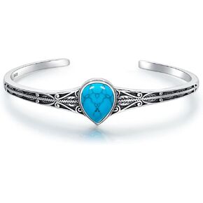 925 Sterling Silver Native American Turquoise Bracelet Cuff for Women with Teardrop Blue Stone Adjustable Jewelry Indian Style Bangle