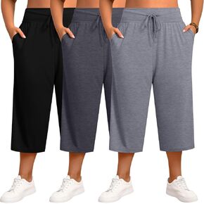 Neer 3 Pack Women's Capris Plus Size Yoga Lounge Pants Wide Leg High Waist Drawstring Cropped Cotton Sweatpants with Pockets