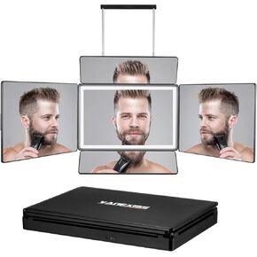 Rechargeable 5 Way Mirror for Hair Cutting, Real Glass Adjustable Trifold Mirror with Light & Telescoping Hooks for Makeup & Styling - Portable DIY Tool to Cut, Trim or Shave Your Head & Neckline