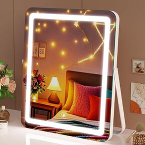 Vanity Mirror with Lights, 14" Light Up Makeup Mirror, LED Makeup Mirror with Lights for Bedroom Tabletop, Smart Touch Control 3 Colors Dimmable, 360° Rotation White