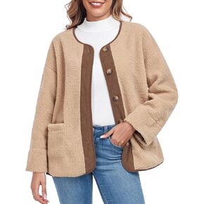 Womens Sherpa Fleece Jacket Casual Long Sleeve Button Up Corduroy Fuzzy Warm Winter Coats Outerwear with Pockets
