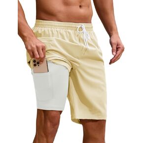 Mens Swim Trunks with Compression Liner 9 Inch Quick Dry 2 in 1 Swimming Board Shorts Bathing Suit w/Zipper Pockets