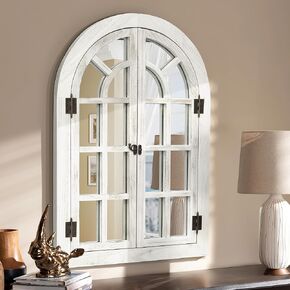 Arched Wall Mirror -Window Mirrors for Wall Decor Wood Frame Farmhouse Decor White Decorative Wall Mirrors Like Window for Bedroom, Living Room, Entrance, Dining Room (Wood, 20"x30")