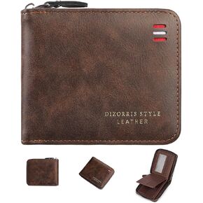 Fullbell Vintage Leather Wallet للرجال - 9 فتحات بطاقة و 2 Windows | تصميم سحاب متين خياطة | محفظة سعة كبيرة السفر مع صندوق الهدايا (القهوة) | هدايا عيد الأب.