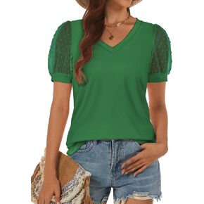 ATHMILE Womens Summer Tops V Neck T Shirts Swiss Dot Puff Sleeve Tops Loose Casual Tshirts