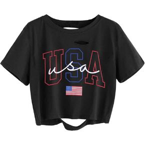 UNIQUEONE American Flag Crop Tops Women USA Shirt Memorial Day Tshirt 4th of July Patriotic Tee Tops
