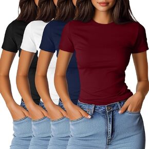 Ficerd 4 Pack Women's Short Sleeve T Shirts Cotton Crew Neck Slim Fitted Tops Basic Casual Shirts Stretchy Going Out Tees
