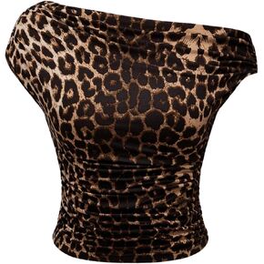 Floerns Women's Y2K Leopard Asymmetrical Neck T Shirt Sleeveless Cheetah Ruched Tee Shirts