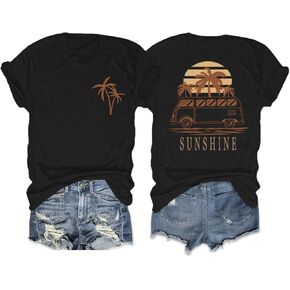 Hawaiian Shirts for Women Beach Hawaii Tropical Shirt Palm Tree Sunshine Graphic Tees Vacation Summer Vibes Tops