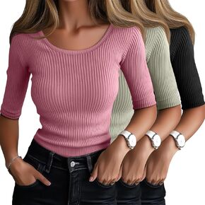 Ficerd 3 Pack 1/2 Sleeve Tops for Women Half Sleeve Scoop Neck T Shirts Ribbed Slim Fit Casual Elbow 2025 Summer Basic Tee