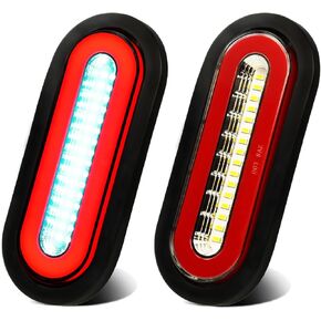 2Pcs 6" Inch Oval 52 LEDs Halo Combination White/Red Trailer Light Stop Turn Brake Reverse Lights【PatentPending】 w/Rubber Grommet Sealed, IP67 Waterproof for Truck/RV/Van/Boat, DC 12V
