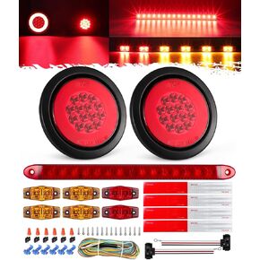 Partsam 32LED Trailer Tail Lights Kit with 4" Round Halo Glow Light, 12" Light Bar, 2" Side Markers, Stop Turn Tail Lamps Rubber Grommet 3-Prong Wire Pigtails 24Ft Wiring Harness Included, 12V IP67