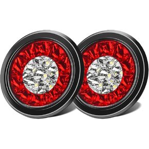 LIGBT 2PCS 4" Round LED Trailer Tail Lights 4Inch 16LED Red White with Rubber Grommet IP67 Waterproof Red Stop Brake Running Light White Reverse Backup Lights for Trucks Trailer RV