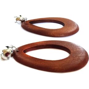Clip-on Earrings Teardrop Earring 3 inch Hoop Wood Brown or Black Earrings Silver Tone