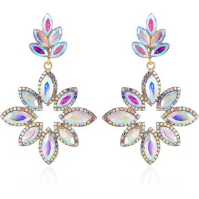 Clip on Earrings for Women Flower Cluster Clip Earrings Rhinestone Crystal Big Statement Clip on Earrings Dangle Hypoallergenic Prom Party Birthday Xmas Valentine's Day Gifts (AB)