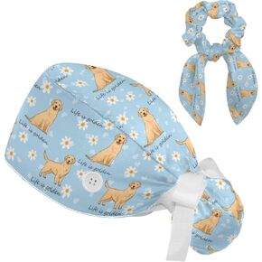 Scrub Caps Women, Surgical Caps with Buttons, Ponytail Nurse Hat, Bouffant Scrub Hats with Hair Scrunchy Adjustable, Dogs Golden Retriever Cartoon Animal Cute Summer Daisy Flower Blue