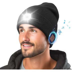 Bluetooth Beanie with Light Built in Stereo Headphones Lighted Hat Rechargeable Wireless LED Music Cap Warm Hat Unisex Black