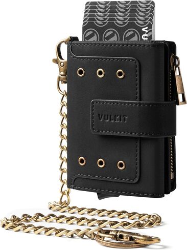 VULKIT Trifold Mens Smart Wallet with Chain, Aluminum POP UP Card Case RFID Protected, ID Window, Zipper Pocket for Coins and Compartment for Bills/Banknotes, Carbon Black in Kuwait